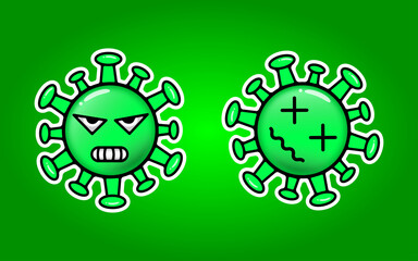 green bacteria or virus cartoon character with facial expressions