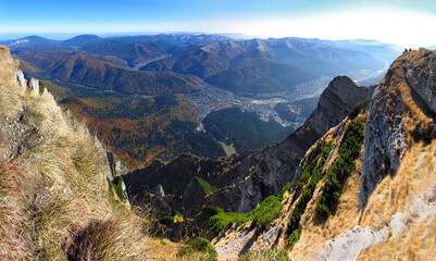 Mountain panorama, steep cliffs in autumn