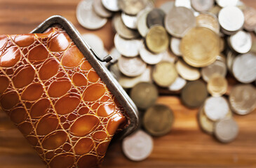 Brown vintage wallet with coins. Inflation, budget or money savings.