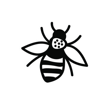 Vector simple illustration of a black line bee for Easter hand drawn. Single spring holiday animal picture in doodle style. Design for stickers, social media, cards, packaging, printing.