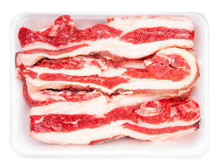 Sliced brisket beef in package isolated on white background, Sliced lean meat red beef on White With clipping path.
