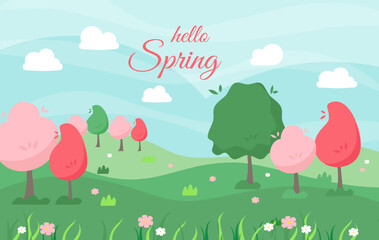 Spring landscape background. with beautiful trees and flowers, hills and field. Vector illustration. Hello springtime