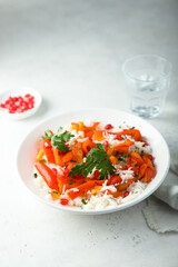 Rice with roasted bell pepper and pomegranate