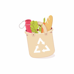 Reusable grocery bag. Zero waste shopping bag. Cartoon illustration on white background - 489341132