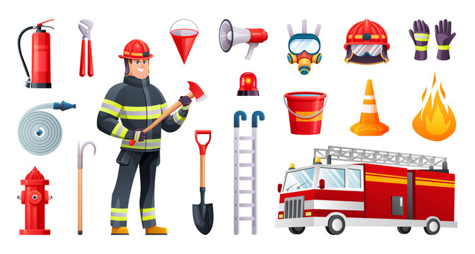 Firefighter character and equipment cartoon illustration isolated on white background