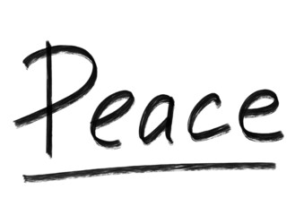 Word Peace written with brush in black color and ink on white isolated background.
