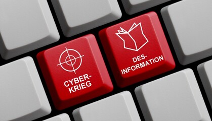 Cyberkrieg und Desinformation - Rote Computer Tastatur mit Fadenkreuz und Zeitung - obrazy, fototapety, plakaty