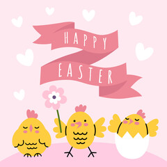 Obraz premium Easter card with cheerful yellow chicks. Ribbon with the inscription happy easter. Vector cartoon illustration