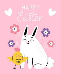 Easter card with cute white rabbit and chick. Inscription happy easter. Vector cartoon illustration