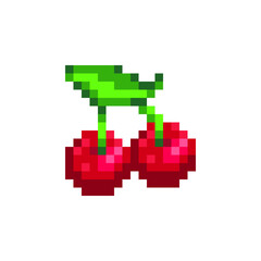 Сherry berry logo pixel art icon. Isolated vector illustration. Design for stickers, web, mobile app. Game assets 8-bit sprite. 