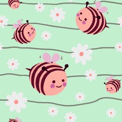 Seamless pattern with daisy flowers and cute cartoon bee. Hand drawn oil illustration. Floral pattern. Flat design for fabrics, textiles, nursery decor, wrapping paper 