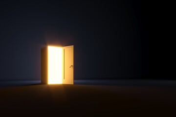 Opening door and golden light glow effect inside in empty dark room. 3d render.