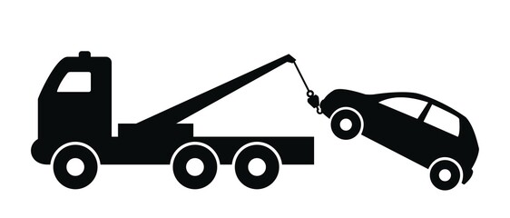 Towing service, truck with crane, black vector icon. Towing service tows the car.