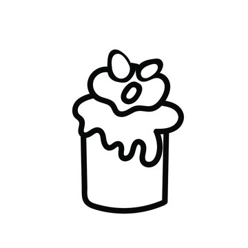 Vector simple illustration of black line cake for Easter hand drawn. Single food spring holiday picture in doodle style.  Design for stickers, social media, cards, packaging, printing.