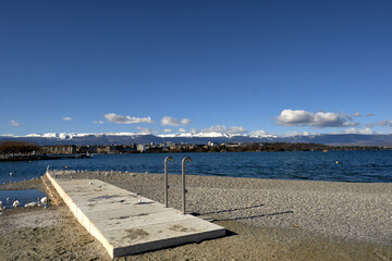 the new artificial beach of Les Eaux Vives in a beautiful winter day in Geneva, Switzerland