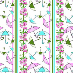 Creative composition with the image of colorful umbrellas. Decorative pattern on a summer theme. Material for printing on paper or fabric, background drawing.