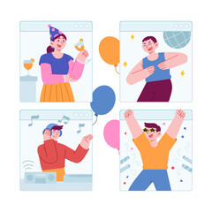 Online Party concept vector Illustration idea for landing page template, meeting to celebrate event in video call, congratulate friends, collagues or family in festive, Happy conversation, flat style