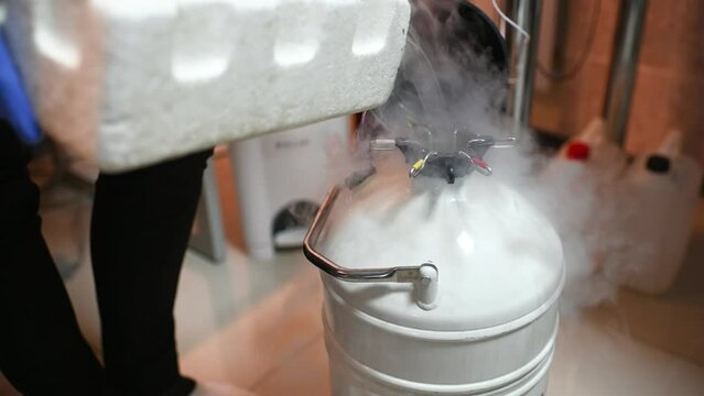Dewar vessel with liquid nitrogen with frozen embryos and eggs in a cryobank in a modern IVF clinic. Reproductive medicine, in vitro fertilization