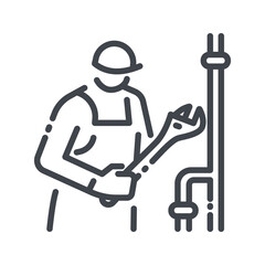 Vector plumber that holds adjustable wrench line icon