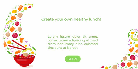 Healthy lunch creator - flying poke bowl ingredients with text. Natural food diet concept. Vector stock illustration for banner, menu fast food restaurant, isolated on white background. 