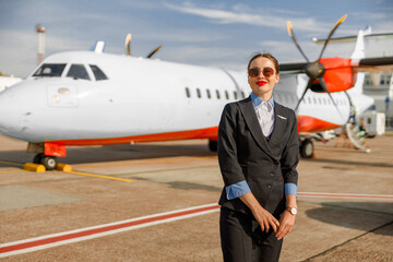 Young woman stewardess standing outdoors at airport