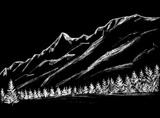 Christmas trees and mountains are white on a black background