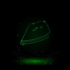 A large green outline iron symbol on the center. Green Neon style. Neon color with shiny stars. Vector illustration on black background