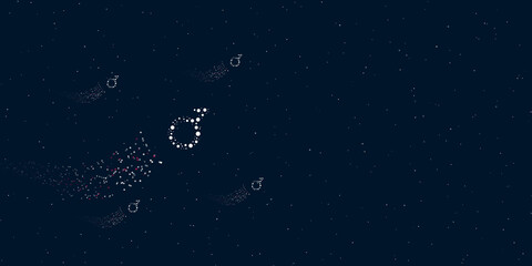 Obraz na płótnie Canvas A demiboy symbol filled with dots flies through the stars leaving a trail behind. Four small symbols around. Empty space for text on the right. Vector illustration on dark blue background with stars