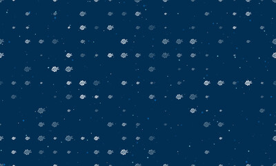 Seamless background pattern of evenly spaced white digital tech symbols of different sizes and opacity. Vector illustration on dark blue background with stars