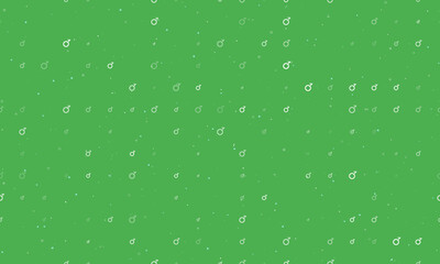 Seamless background pattern of evenly spaced white demiboy symbols of different sizes and opacity. Vector illustration on green background with stars