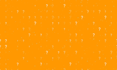 Seamless background pattern of evenly spaced white question symbols of different sizes and opacity. Vector illustration on orange background with stars
