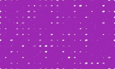 Seamless background pattern of evenly spaced white explosion symbols of different sizes and opacity. Vector illustration on purple background with stars