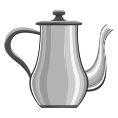 Coffee pot, kettle. Long curved nose, classic design. Kitchen utensils for hot drinks and boiling water. Vector icon, cartoon, complex flat, isolated