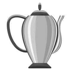 Coffee pot, kettle. Individual design of the kettle. Kitchen utensils for hot drinks and boiling water. Vector icon, cartoon, complex flat, isolated