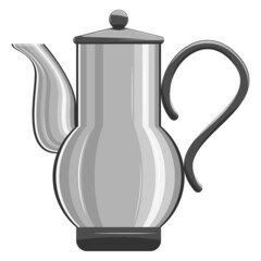 Coffee pot, kettle. A roomy kettle with a metal casing. Kitchen utensils for hot drinks and boiling water. Vector icon, cartoon, complex flat, isolated