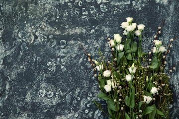 Fresh flowers on blue background.