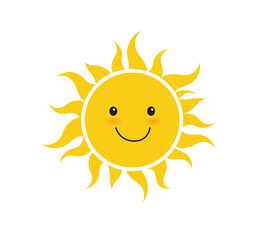 Smiling sun. Sun character on white background. Emoji icon. Vector illustration.
