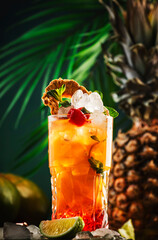 Alcoholic cocktail with vodka, pineapple juice, mango, red syrup and ice. Long drink or summer cold...