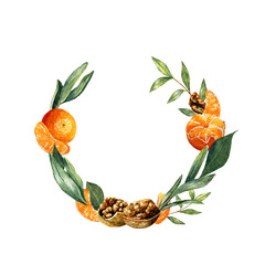 Watercolor fruit and greenery wreath. Semi round frame with walnuts, tangerins and leaves - 489346324
