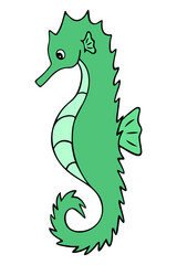 Sea Horse. Green horse. Fish of the needle-like order. Master of disguise. Color vector illustration. Isolated background. Ocean dweller. Cartoon style. Idea for web design.