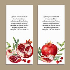 Set of vertical banners with watercolor fruits design. Collection of hand drawn templates with pomegranats and leaves - 489346529
