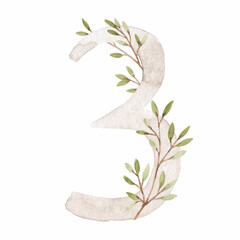 Beautiful stock illustration with watercolor hand drawn number 3 and leaves clip art. Three month, year.