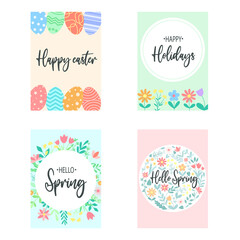 Spring cards with flowers and herbs. Set greeting postcards with lettering. Flowering, greenery template. Easter spring clipart vector illustration