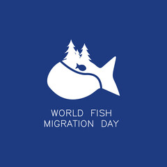 Blue and white logo for World fish migration day in May 21.
