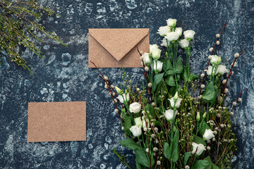 Fresh flowers on blue background.