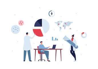 Global healthcare concept. Vector flat character illustration. Mixed ethnic doctor team on world map background. Chart and diagram symbol. Design for infographic and hospital service.