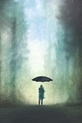 illustration of person with umbrella in the middle of the forest in the rain