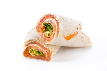 Salmon wrap sandwich roll with cheese and vegetables isolated on white background