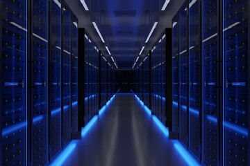 3D illustration of server room in data center full of telecommunication equipment,concept of big data storage and cloud computing technology.