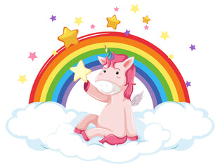 Pink unicorn cartoon character sitting on a cloud with rainbow